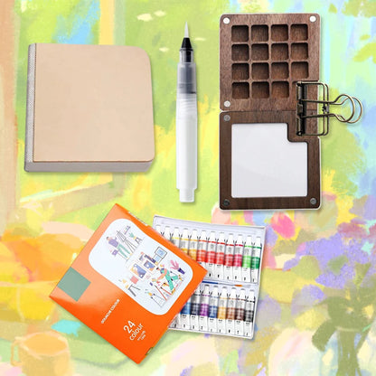 Travel Paint Palette Mini Watercolor Palette Set with Clip Portable Watercolor Set Wooden Grid Box
