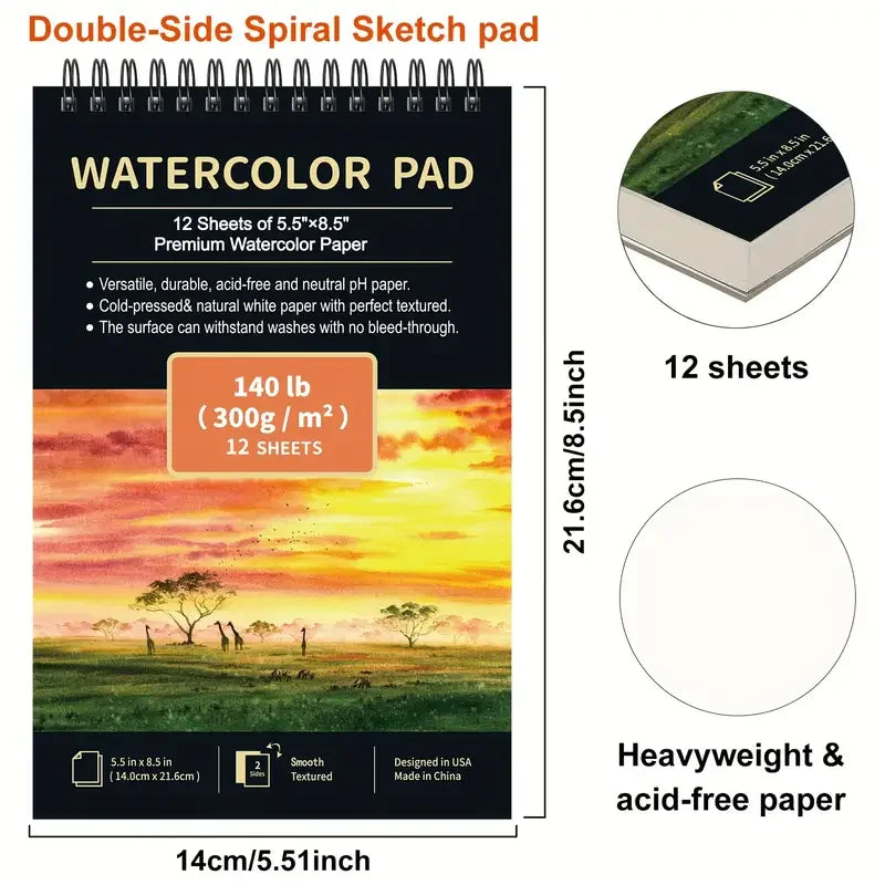 12 Sheets 2 PCS Watercolor Sketchbook 14.81 x 21.01 cm, Cold Press Paper (63.5KG/300gsm) Spiral Bound