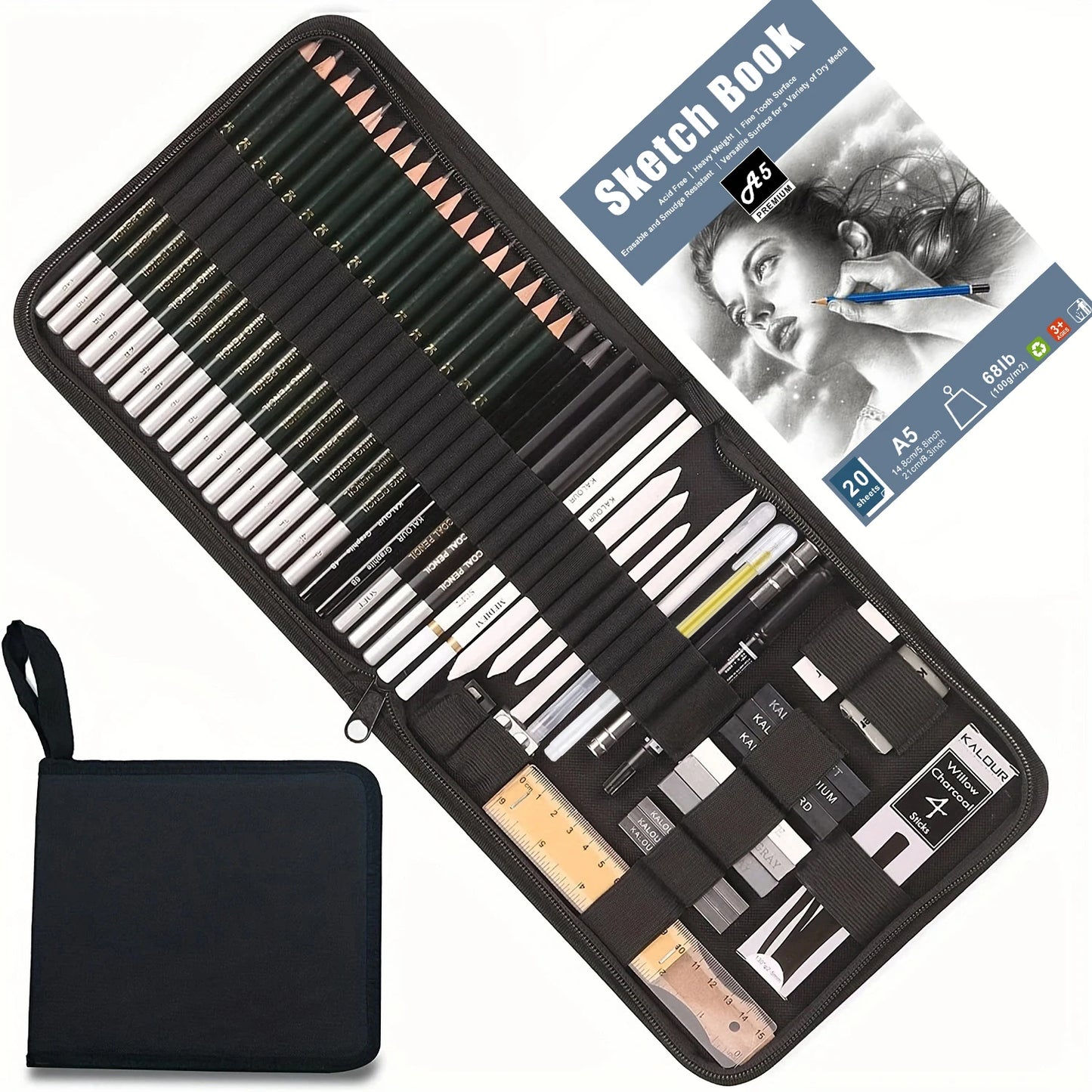54-Pack Sketch Drawing Pencils Kit – Artist’s Advanced Sketch Art Supplies with Sketchbook, Graphite & Charcoal Pencils