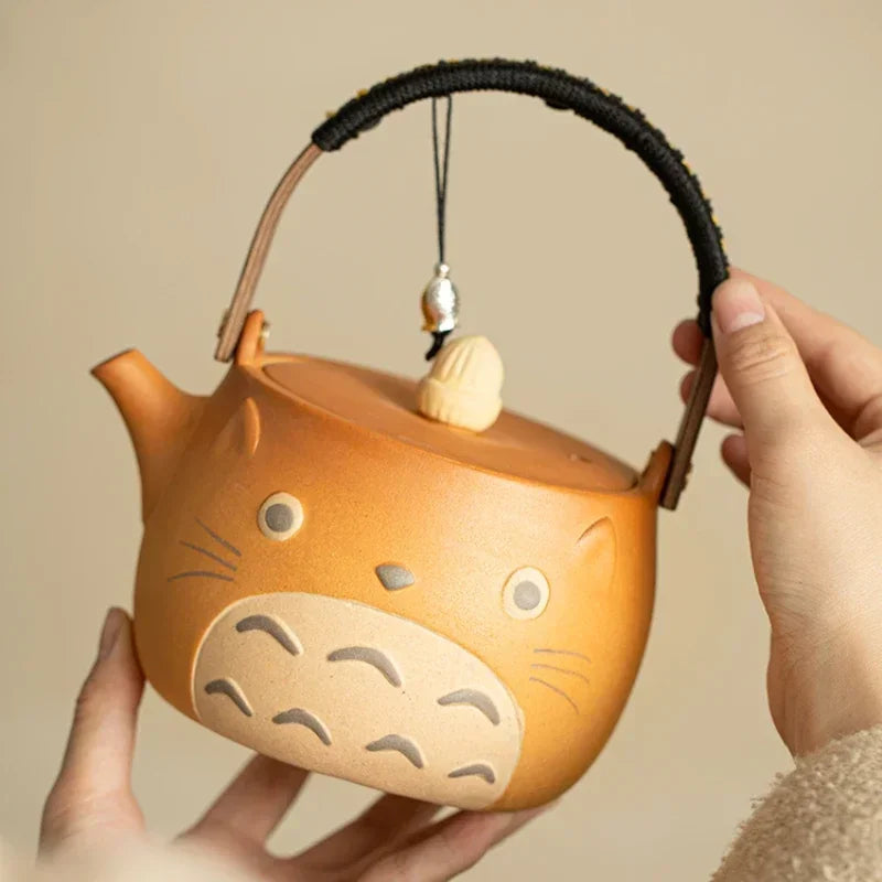 My Neighbor Totoro Ceramic Teapot Teacups Set, Anime Studio Ghibli Cute Cat Rough Pottery Cooking Teapot Tea Table Accessories