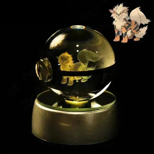 Arcanine LED Anime Figure, 3D Pokemon Crystal Ball Figurine, Glass Pokeball Night Light Lamp Base Gift 5 CM