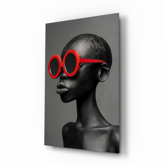 Red Round Sunglasses Gray Portrait Glass Wall Art