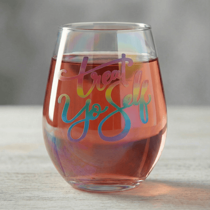 Treat Yo Self Jumbo Stemless Wine Glass in Rainbow Colors | 30 Oz. | Holds an Entire Bottle of Wine