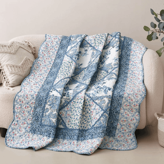 Tache Petal Dance White Blue Floral Vintage Garden Scalloped Cotton Patchwork Quilted Throw Blanket (JHW-646) Otarealm