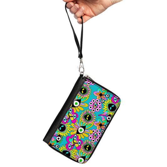 PU Zip Around Wallet Rectangle - Funky Alien Flowers Aqua Blue/Multi Color