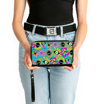 PU Zip Around Wallet Rectangle - Funky Alien Flowers Aqua Blue/Multi Color