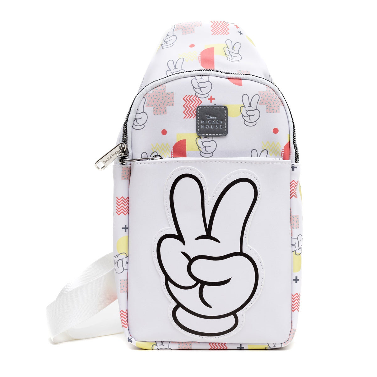 Disney Vegan Leather Crossbody Sling Bag, Mickey Mouse Peace Fingers Applique and Icons Collage, White, 7" x 14"