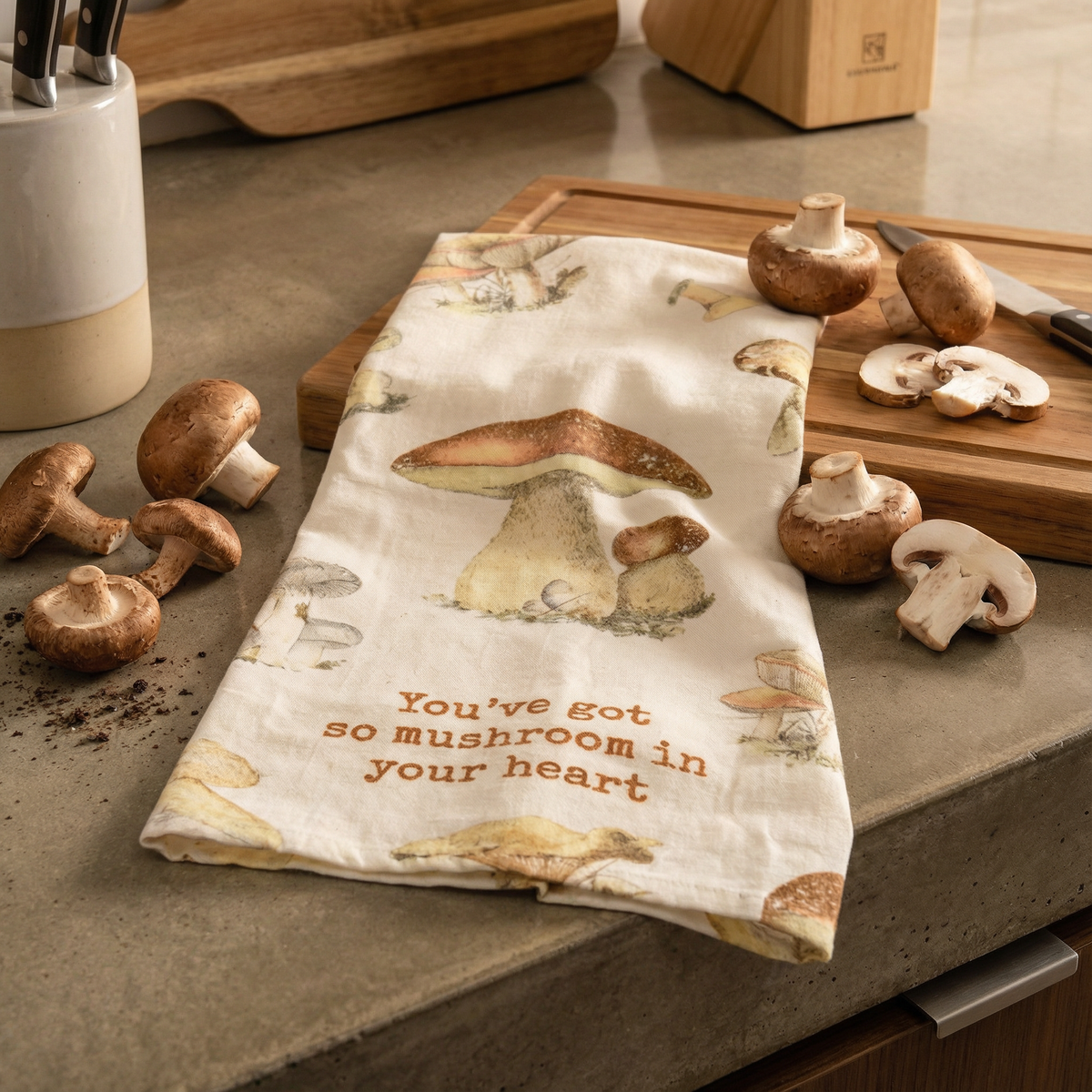You've Got So Mushroom In Your Heart Funny Dish Cloth Towel | Cotton and Linen | Embroidered Text | 18" x 28"