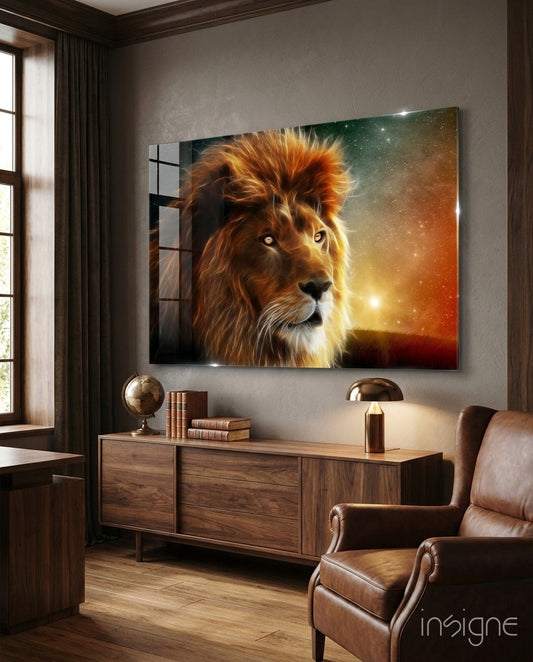 Cosmic Sunset Golden Lion Glass Wall Art