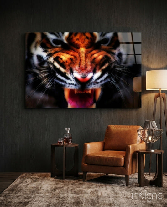 Snarling Tiger Closeup Amber Glass Wall Art