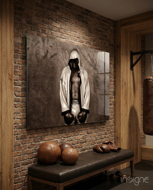 Hooded Boxer In White Robe Glass Wall Art