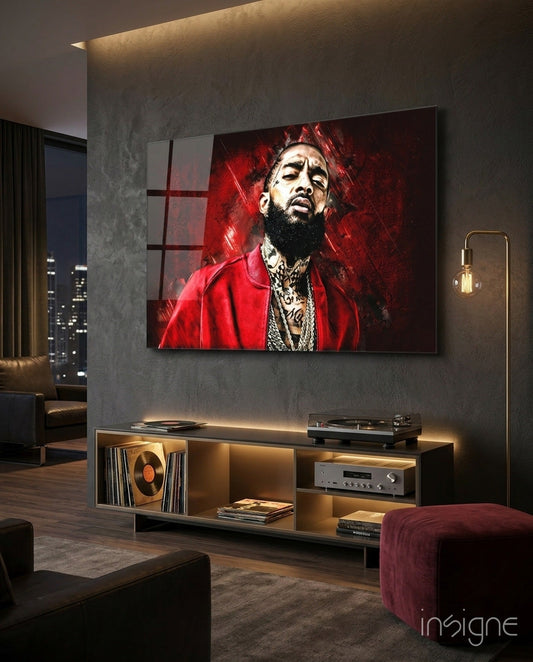 Crimson Backdrop Gold Chain Rapper Glass Wall Art