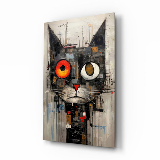 Quirky Mismatched Eye Cat Glass Wall Art