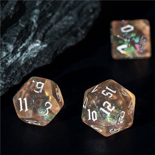 Peach Glitter Party Glitter Dice (White font) 7-Dice Set RPG DND