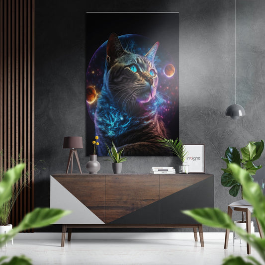 Tabby Cat With Blue Eyes and Planets Brushed Aluminum Dibond Wall Art