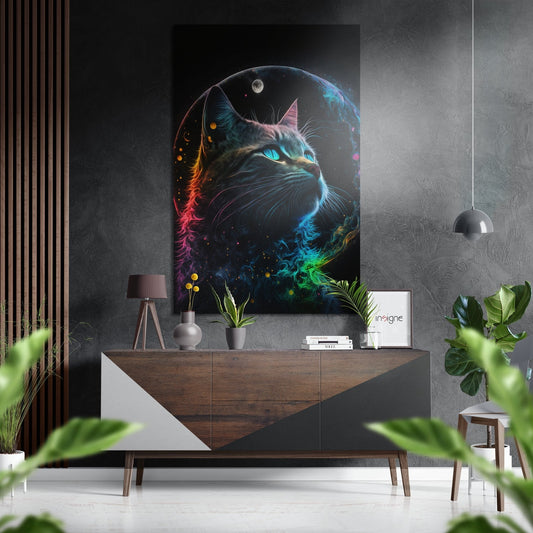 Rainbow Nebula Cat Under Moon Brushed Aluminum Dibond Wall Art