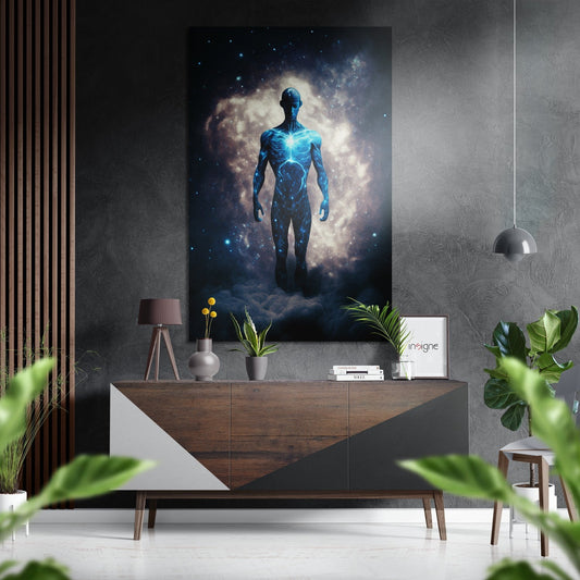 Floating Cosmic Man Above Clouds Brushed Aluminum Dibond Wall Art