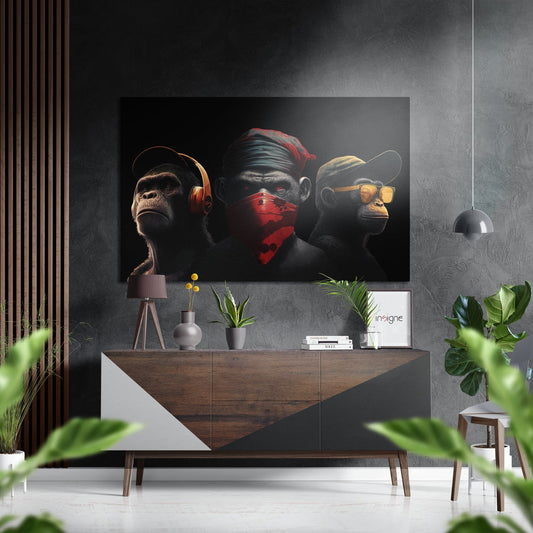 Red Bandana Chimp Trio Headphones Brushed Aluminum Dibond Wall Art
