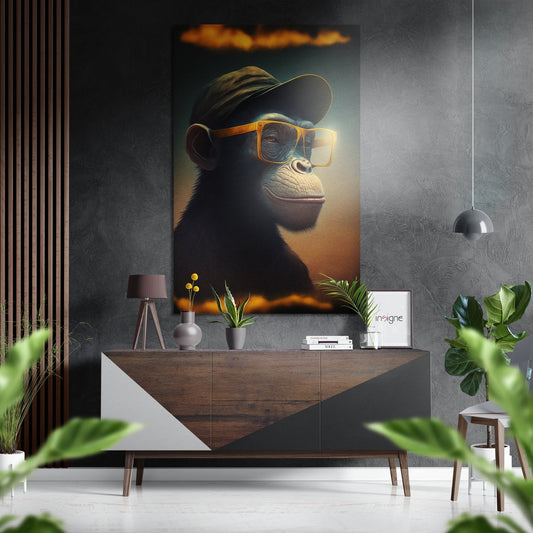 Chimp in Cap and Yellow Glasses Brushed Aluminum Dibond Wall Art