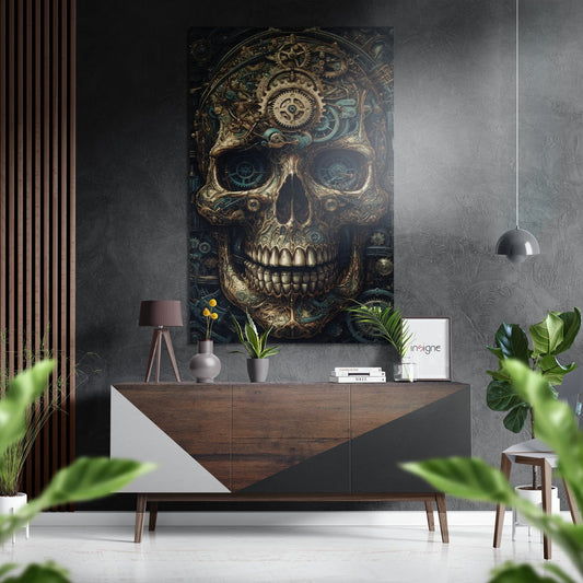 Steampunk Gear Skull in Gold Brushed Aluminum Dibond Wall Art