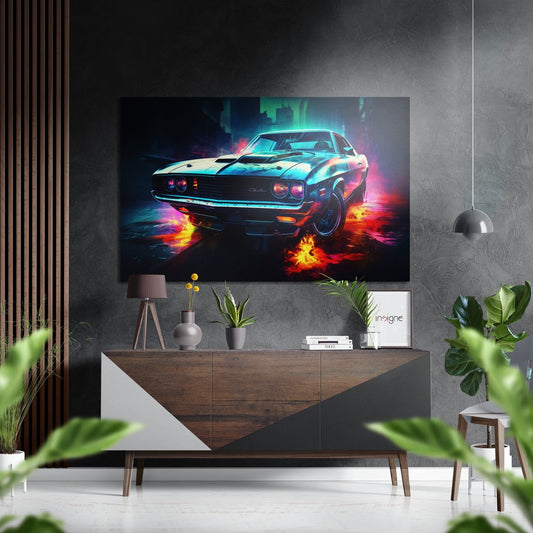 Muscle Car in Colorful Smoke Blast Brushed Aluminum Dibond Wall Art