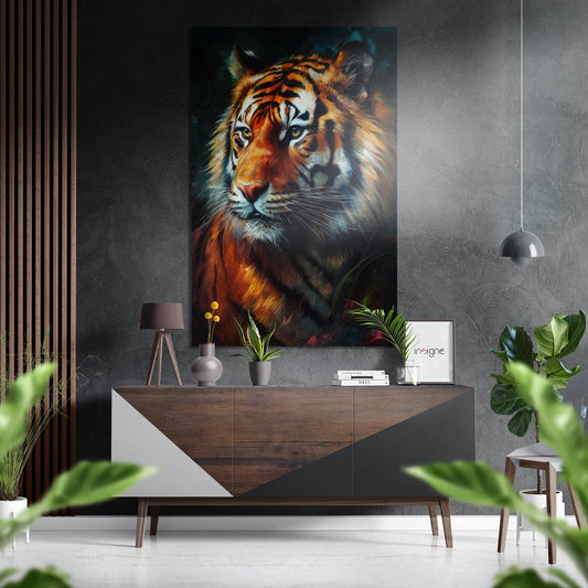 Teal Mist Painted Tiger Portrait Brushed Aluminum Dibond Wall Art