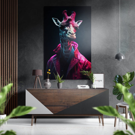 Neon Pink Giraffe in Magenta Coat Brushed Aluminum Dibond Wall Art