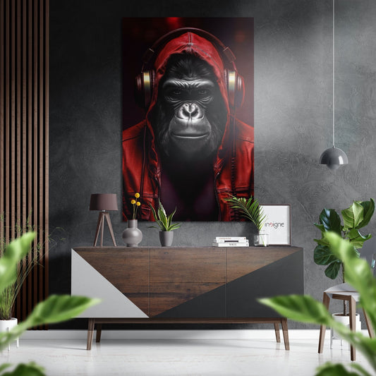 Crimson Hoodie DJ Gorilla Aluminum Brushed Aluminum Dibond Wall Art