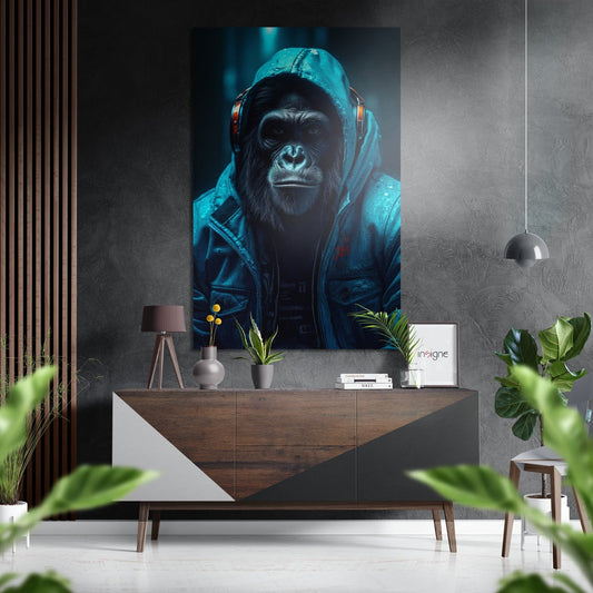 Dark Teal Hoodie Gorilla Aluminum Brushed Aluminum Dibond Wall Art