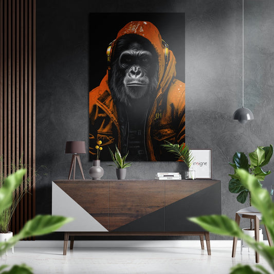 Orange Hoodie DJ Gorilla Aluminum Brushed Aluminum Dibond Wall Art