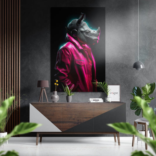 Magenta Jacket Rhino With Headphones Brushed Aluminum Dibond Wall Art
