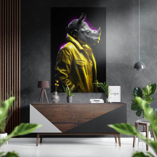 Yellow Jacket Rhino With Headphones Brushed Aluminum Dibond Wall Art