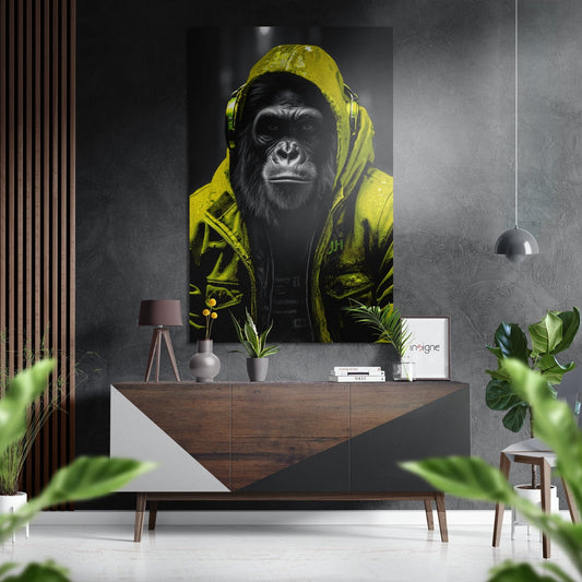 Yellow Hoodie DJ Gorilla Aluminum Brushed Aluminum Dibond Wall Art