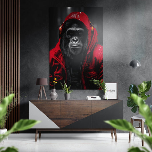 Red Hoodie Ape Portrait Aluminum Brushed Aluminum Dibond Wall Art