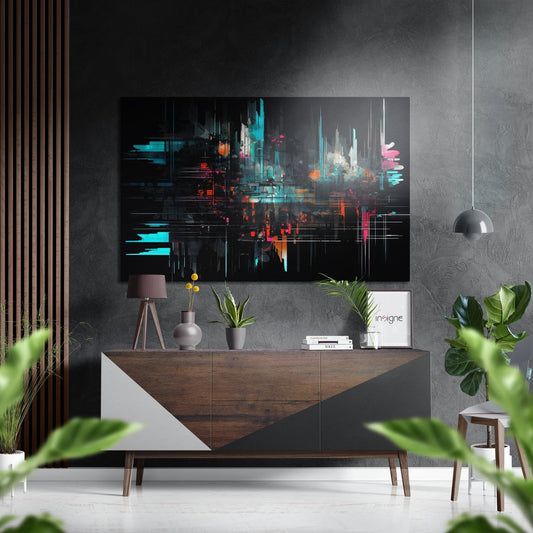 Teal Glitch Abstract Cityscape Brushed Aluminum Dibond Wall Art