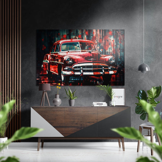 Red Retro Sedan Paint Splatter Brushed Aluminum Dibond Wall Art