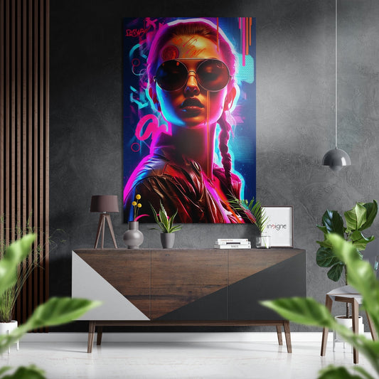 Cyberpunk Braid Neon Woman Brushed Aluminum Dibond Wall Art