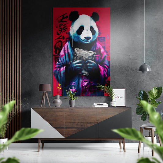 Pink Jacket Panda With Money Bag Brushed Aluminum Dibond Wall Art