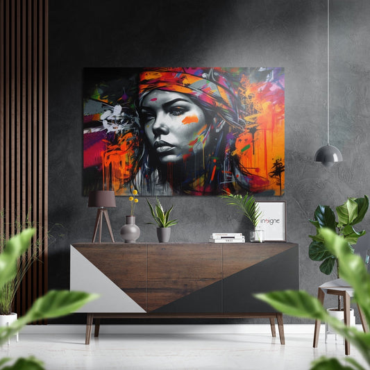 Orange Headscarf Graffiti Woman Brushed Aluminum Dibond Wall Art