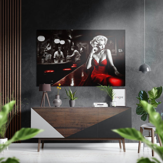 Red Dress Woman on Bar Stool Brushed Aluminum Dibond Wall Art
