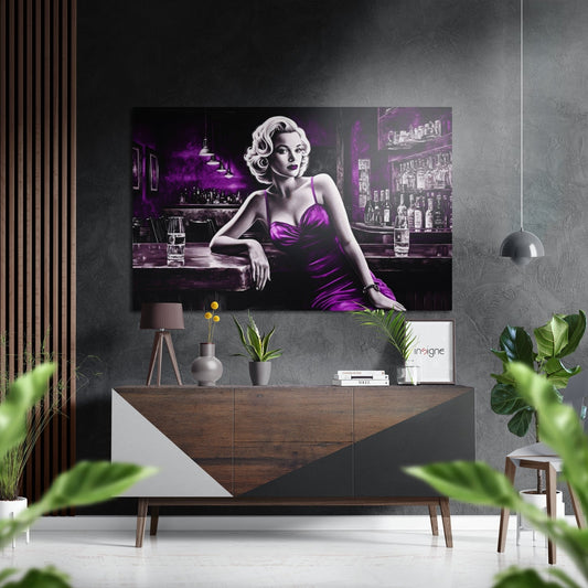 Violet Satin Woman at Bar Brushed Aluminum Dibond Wall Art