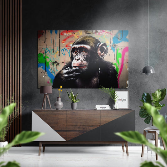 Chimp with Headphones Graffiti Wall Brushed Aluminum Dibond Wall Art