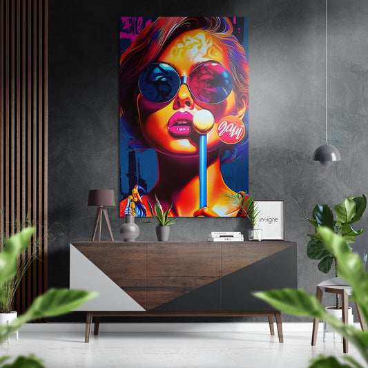 Neon Pop Woman With White Lollipop Brushed Aluminum Dibond Wall Art