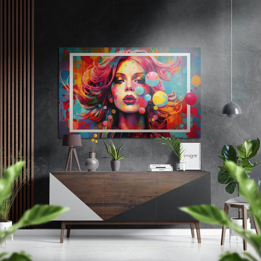 Pink Hair Floating Bubbles Woman Brushed Aluminum Dibond Wall Art