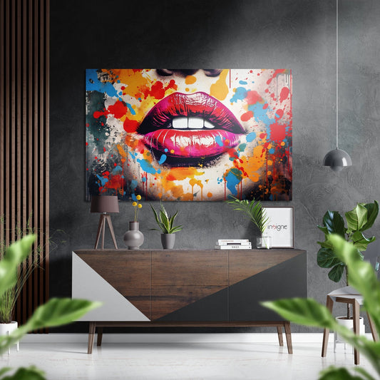 Pink Biting Lips Splatter Collage Brushed Aluminum Dibond Wall Art