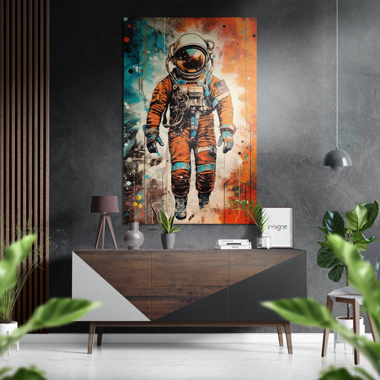 Orange Drip Spacewalk Astronaut Brushed Aluminum Dibond Wall Art