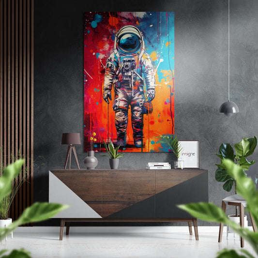Red and Blue Spray Paint Astronaut Brushed Aluminum Dibond Wall Art