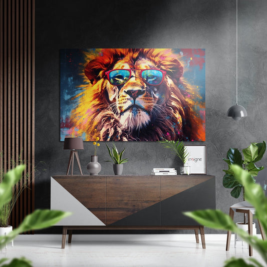 Fiery Mane Lion In Red Sunglasses Brushed Aluminum Dibond Wall Art