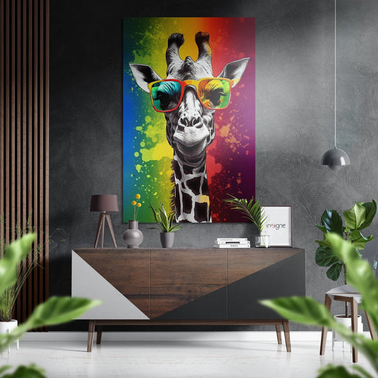 Rainbow Splash Giraffe Mirror Brushed Aluminum Dibond Wall Art