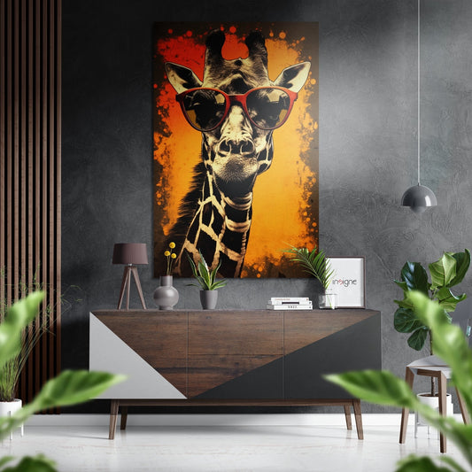 Retro Giraffe Red Shades Orange Brushed Aluminum Dibond Wall Art